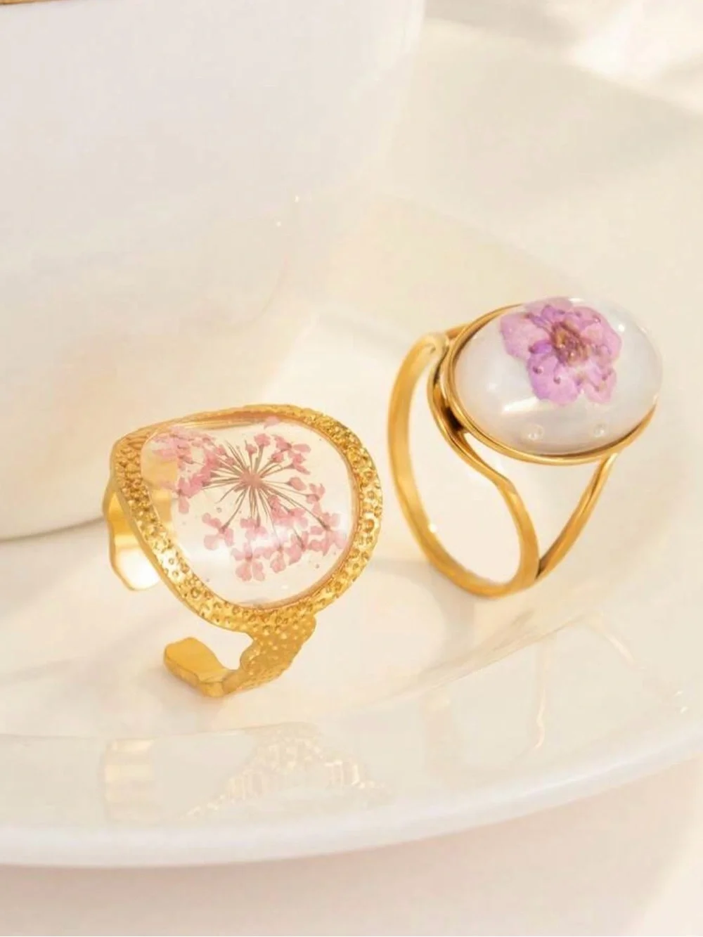 Gold Floral Pink Resin Statement Ring - Women Jewelry